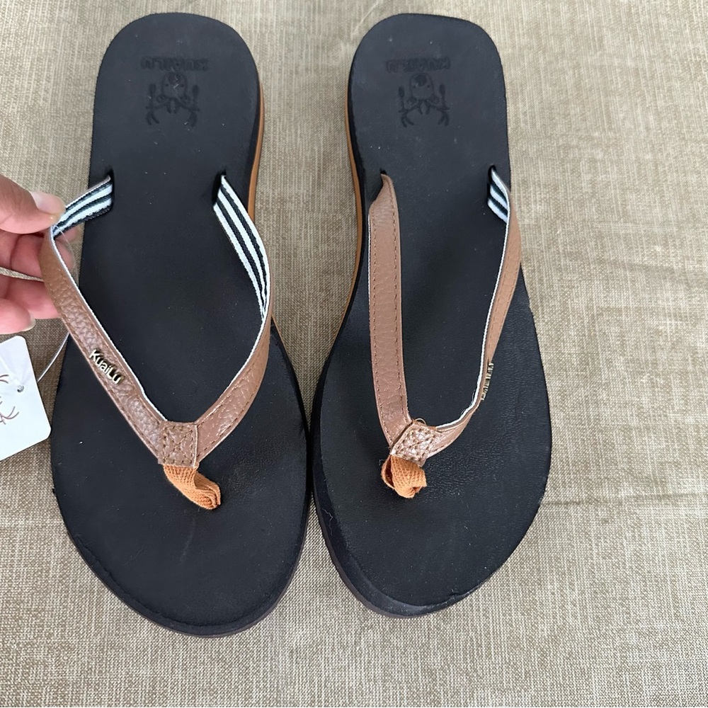 Kuailu Yoga Mat Tan Leather Strap Flip Flops